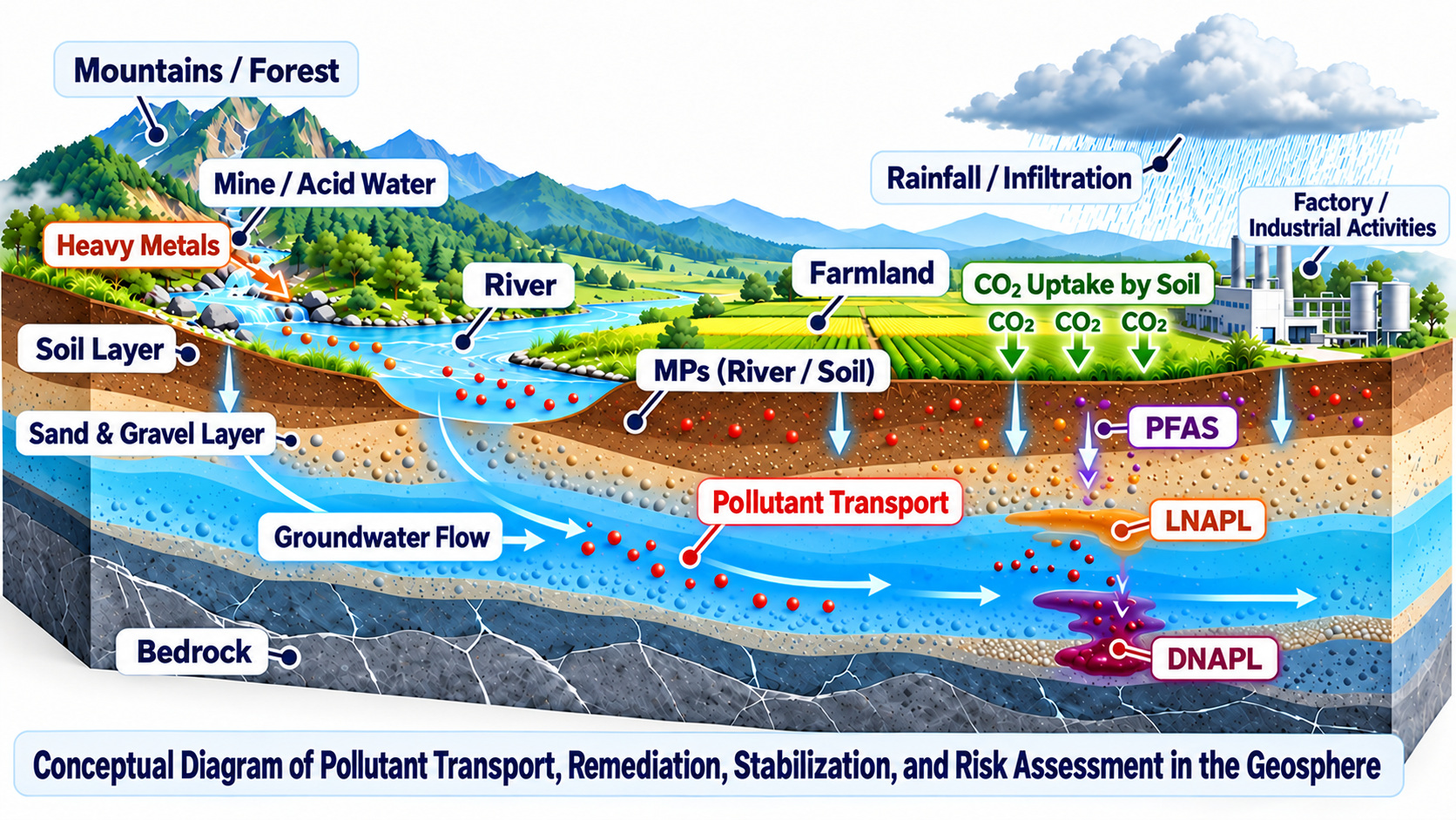 Conceptual illustration of transport processes in soil, rivers, and groundwater, including mining-derived metals, microplastics, PFAS, and DNAPL/LNAPL